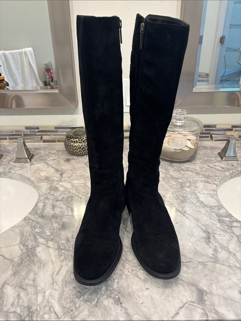 Aquatalia Black Suede Knee High Riding Boots Buckle 7.5